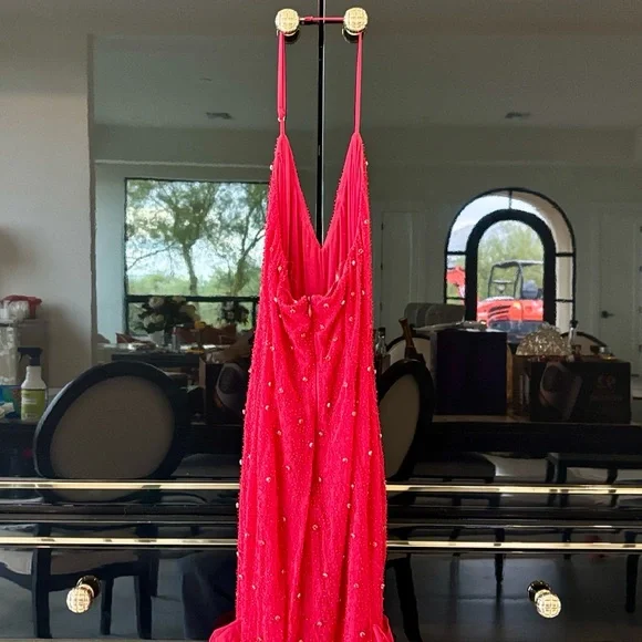 Oh Polly Red Anley Embellished Halter Neck Ruffle Maxi Dress